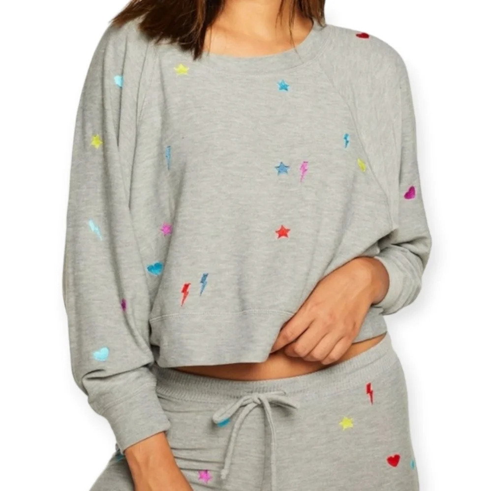 Chaser Embroidered Crop Sweatshirt Gray Lightening Bolts Stars Hearts Small
